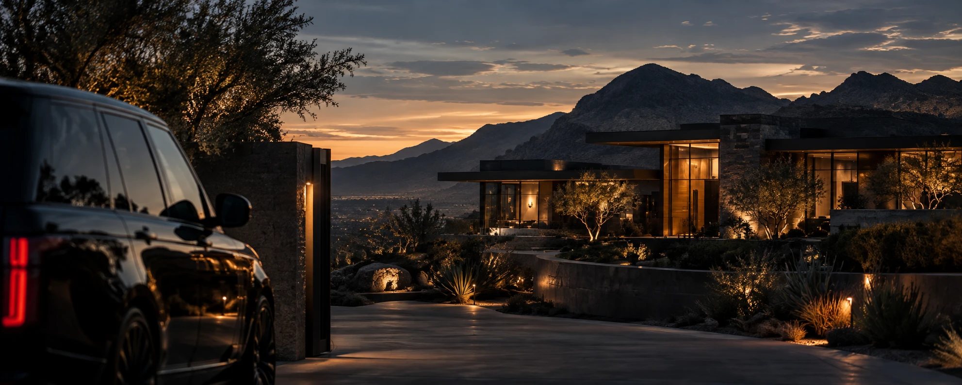 A contemporary desert residence lit at dusk, with a dark SUV parked at the gate and mountains beyond