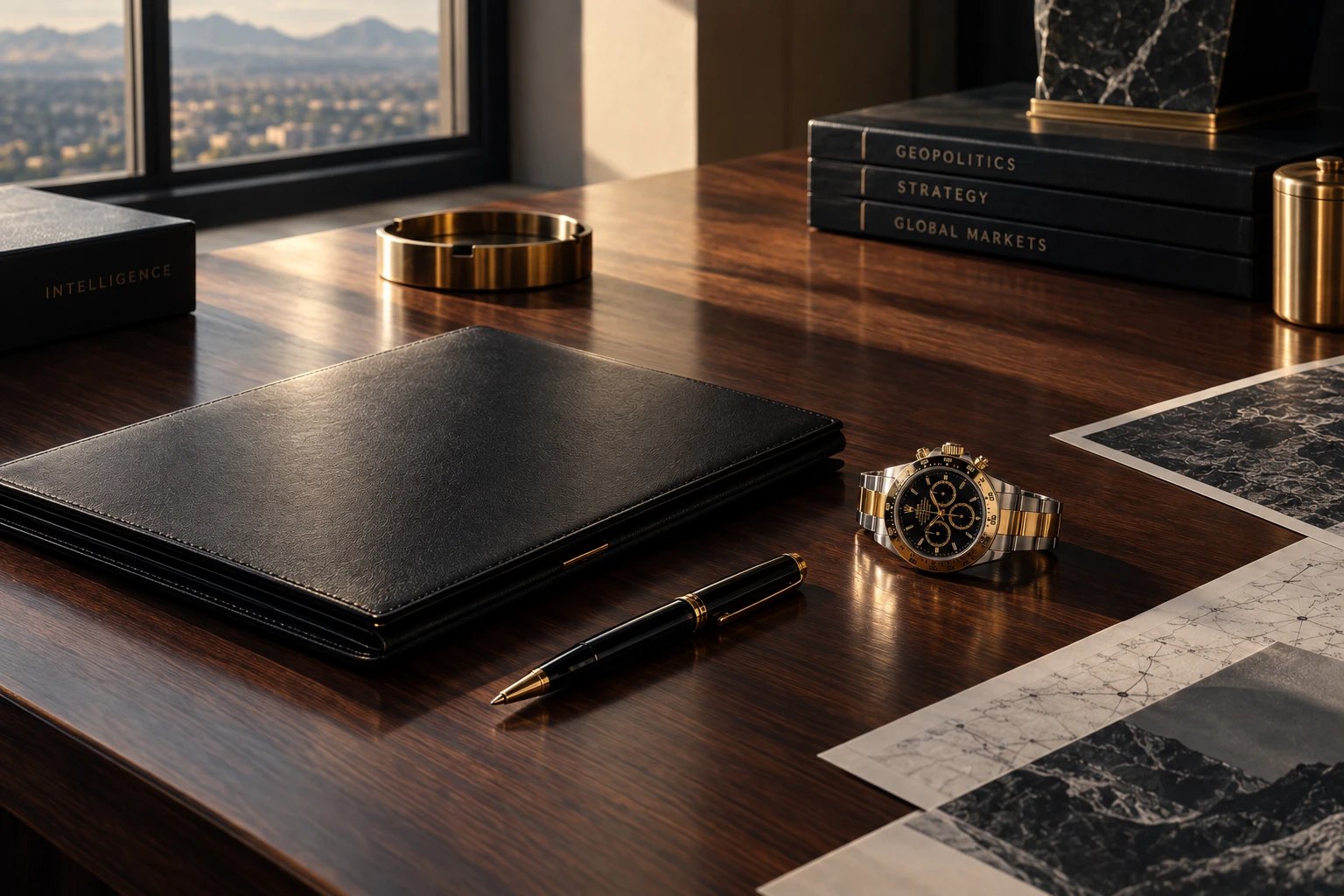 A leather portfolio, pen, wristwatch and annotated maps on a walnut desk beside books on geopolitics, strategy and global markets