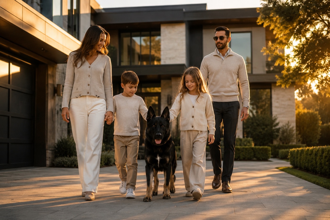 A family of four walking with their Priority 1 Canine protection dog outside a contemporary home at sunset