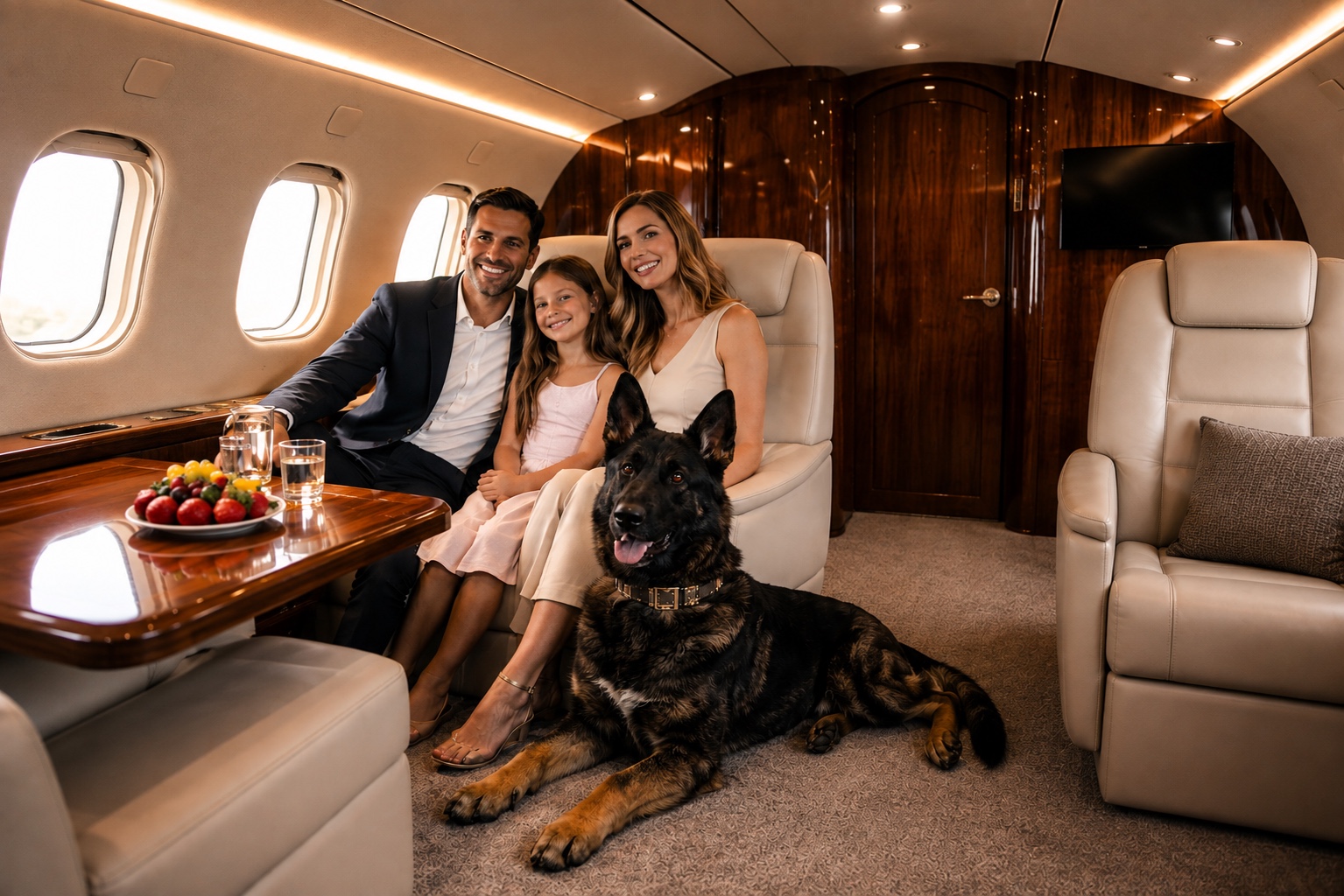 A family and their Priority 1 Canine protection dog traveling together